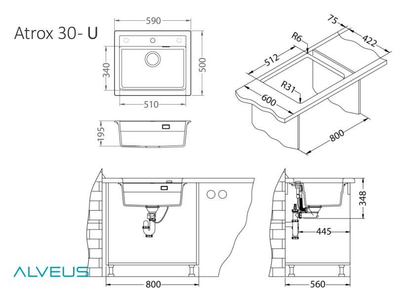 Мойка ALVEUS GRANITAL ATROX 30 ARCTIC - G11 590 X  500  1X в комплекте с сифоном 1132823 (1131991)